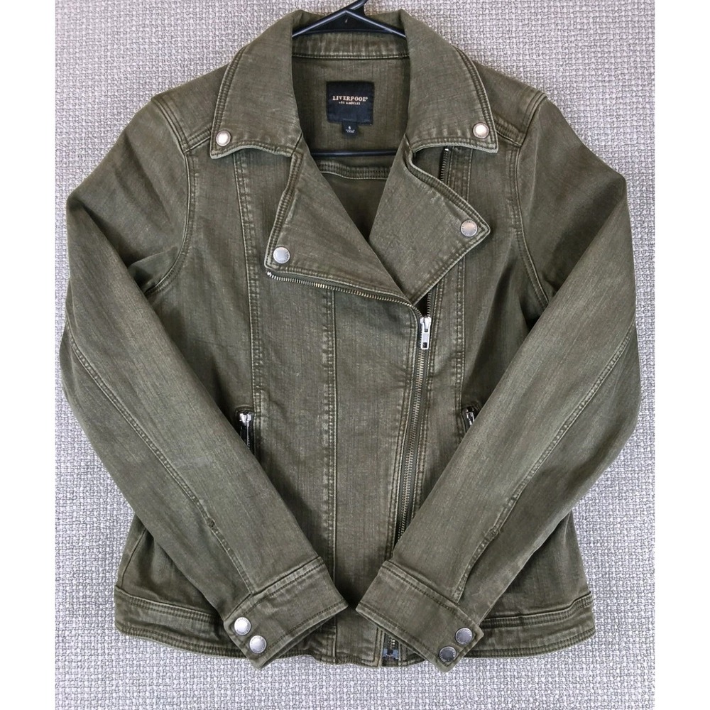 Liverpool Los Angeles Bradford Moto Denim Jacket Olive Night Womens Size S